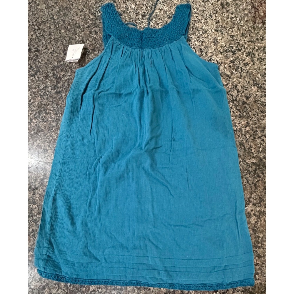 Joie Teal Blue Crochet Yoke Cotton Gauze Sleeveless Tunic Top Medium 143-3322